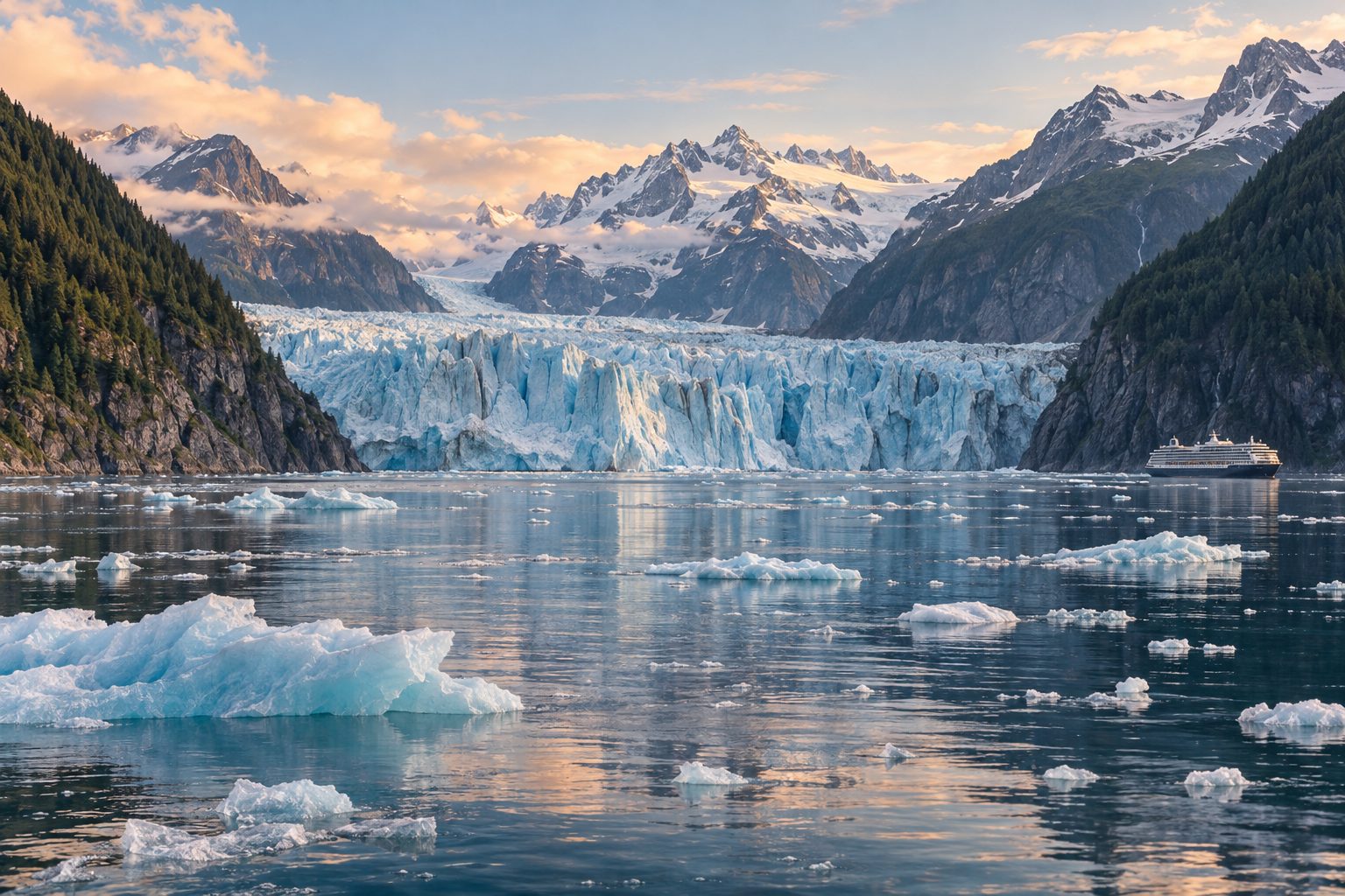 A tidewater glacier in an Alaskan fjord with floating ice and a cruise ship in the distance