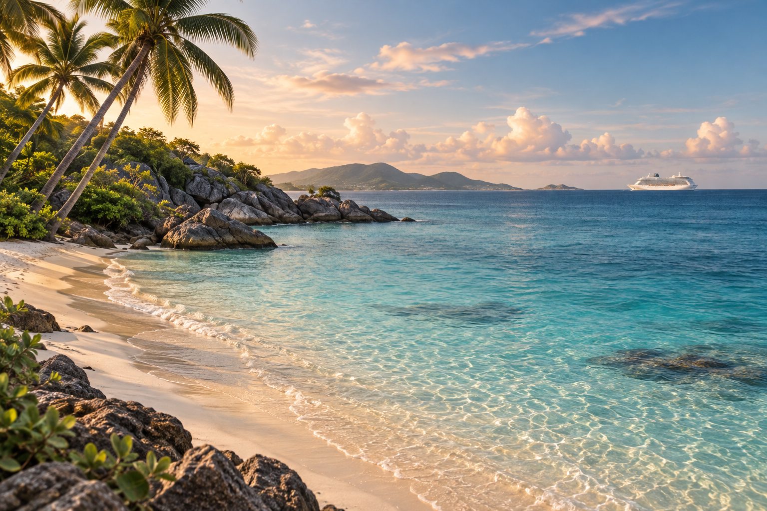 A quiet Caribbean cove with turquoise water, palm trees and a cruise ship on the horizon