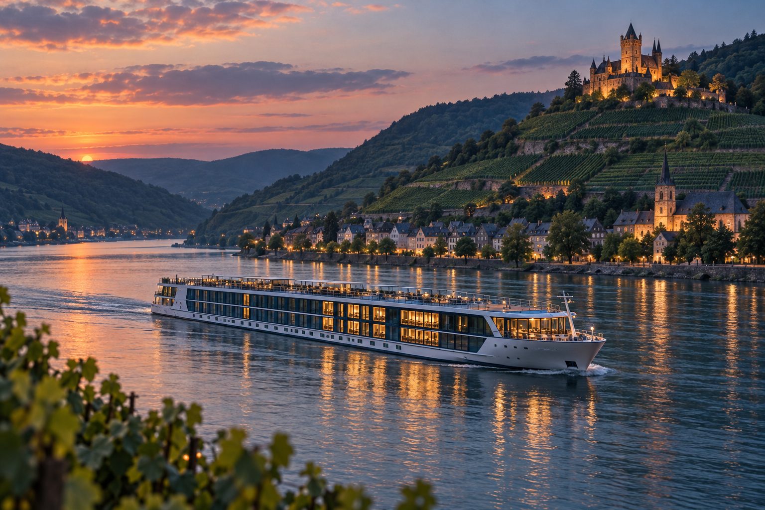 A river cruise ship on the Rhine at dusk, passing vineyards and a hilltop castle
