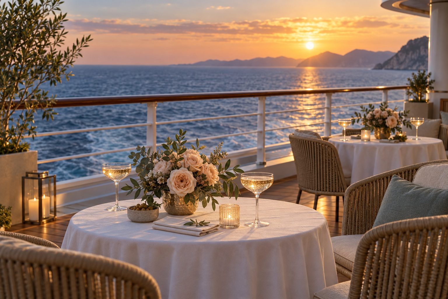 An elegant private cocktail reception set on a cruise ship deck at golden hour, with linen-covered tables, sparkling wine and peach roses