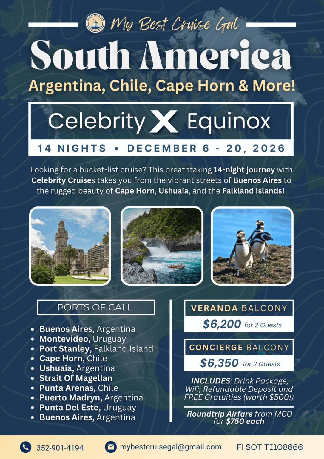 Flyer for the South America cruise on Celebrity Equinox, December 6 to 20, 2026, with ports of call, fares and inclusions